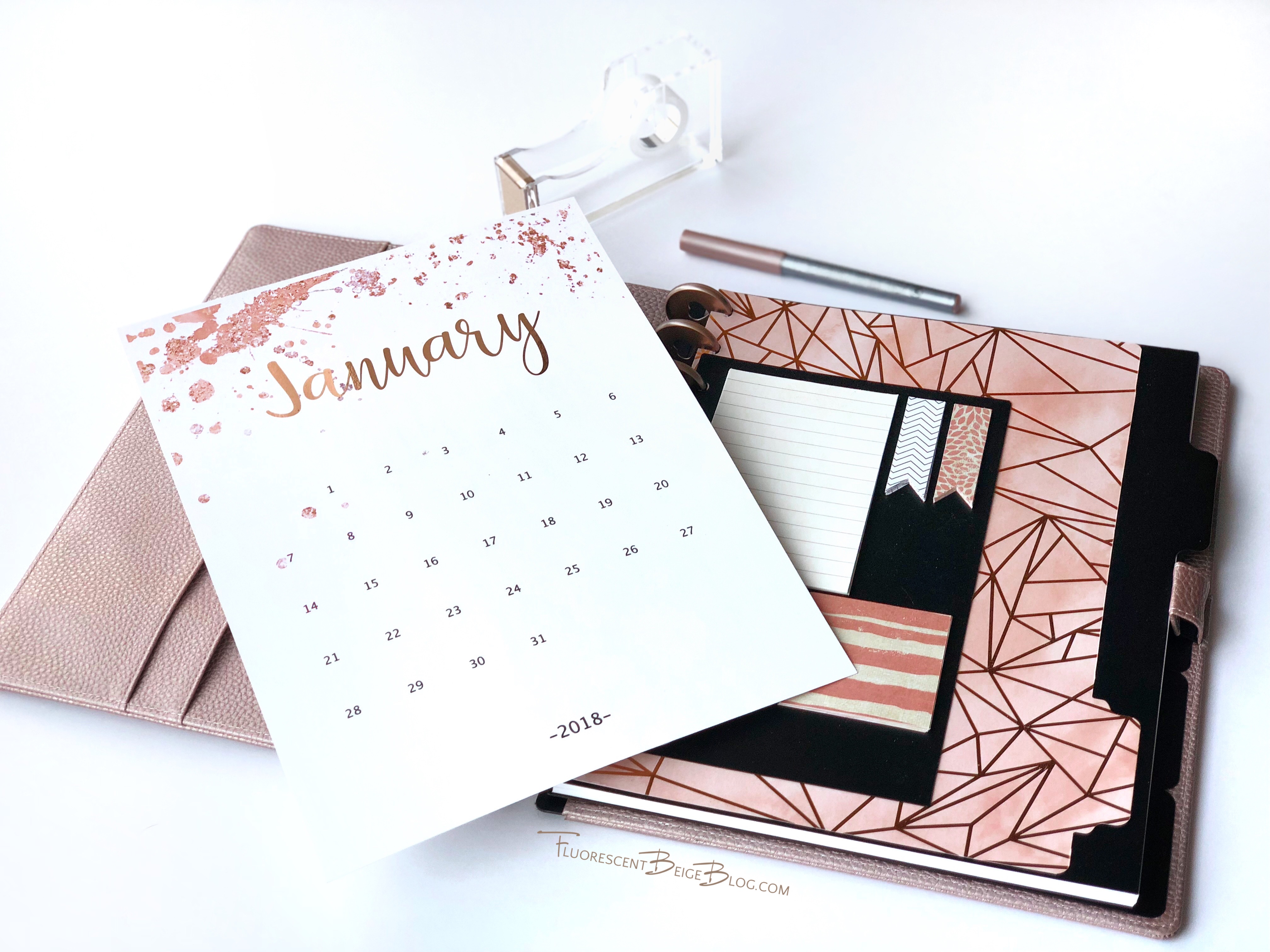 Free Printable 2018 Rose Gold Splatter Calendar Fluorescent Beige